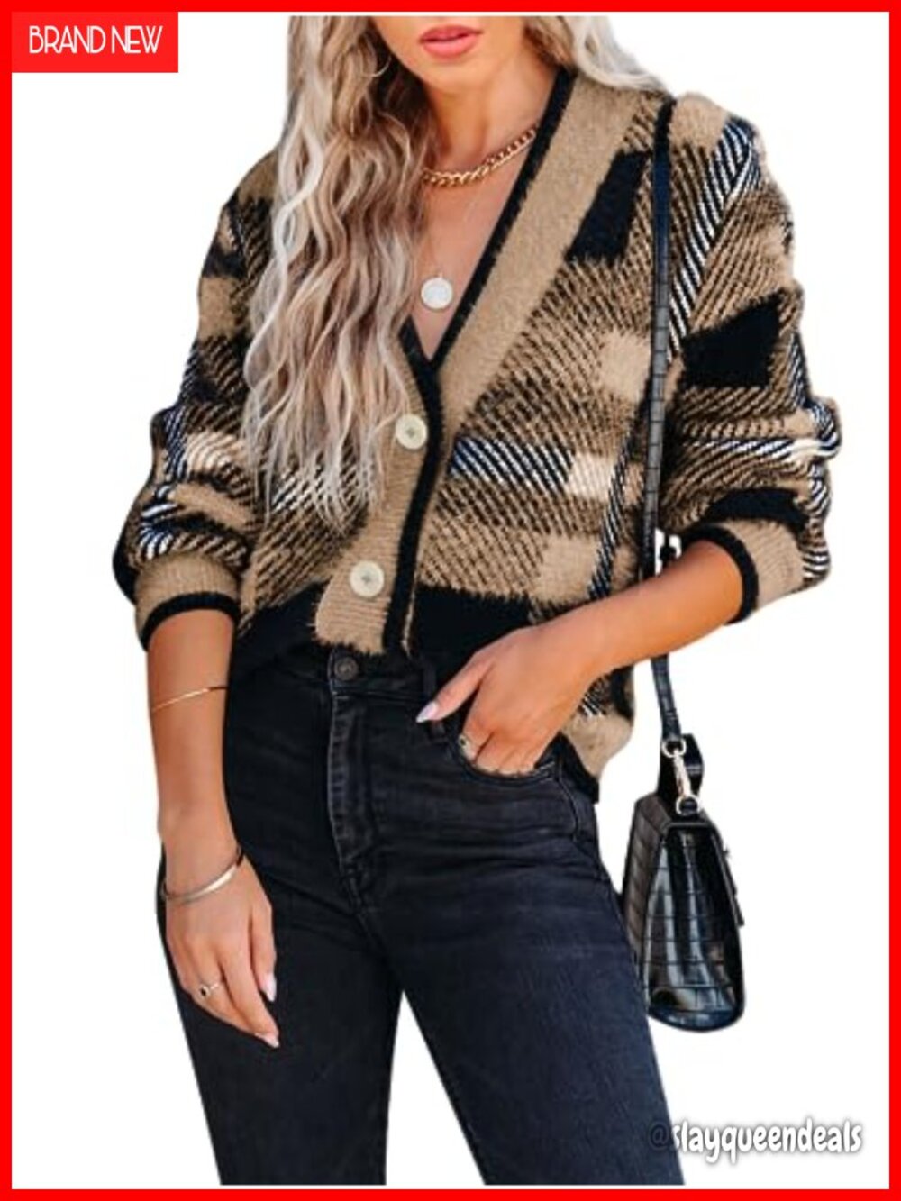Plaid Fuzzy Knit V Neck Button Down Cardigan Sweater